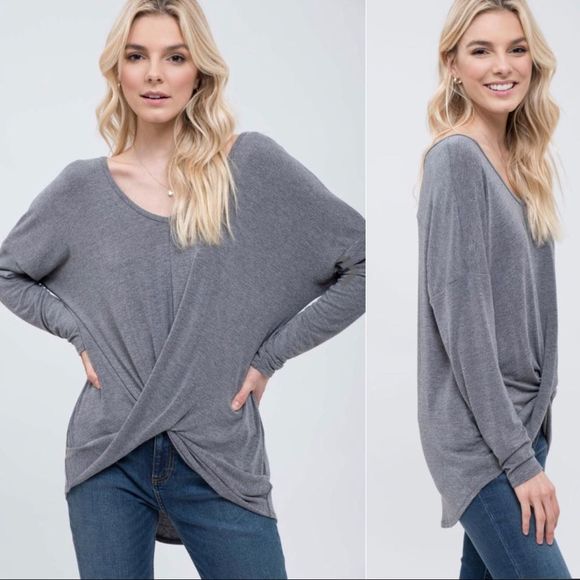 Twist front long sleeve top in grey - Picture 1 of 5